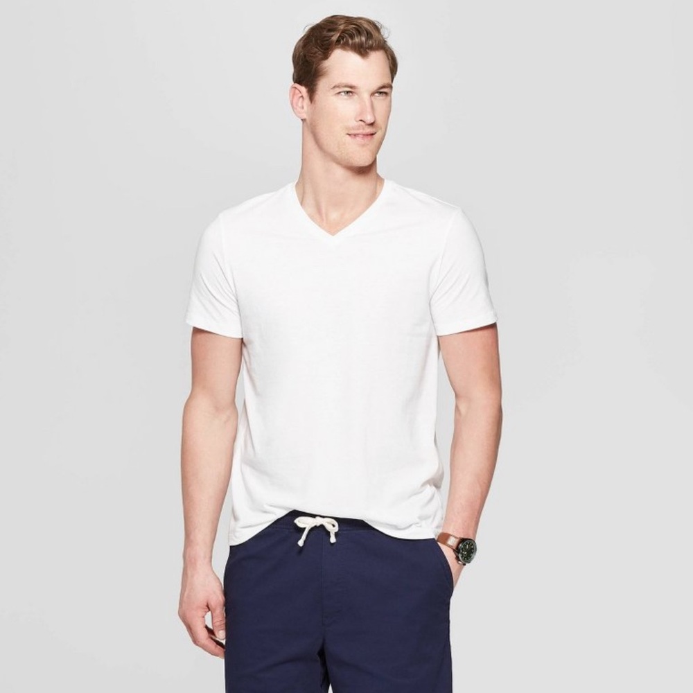 Men White V-Neck T-Shirt New!